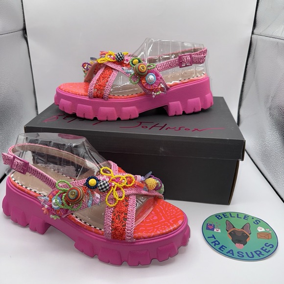 Betsey Johnson Womens Sz 8.5‎ GraysenChunky Platform Sandals Pink Beaded Y2K
